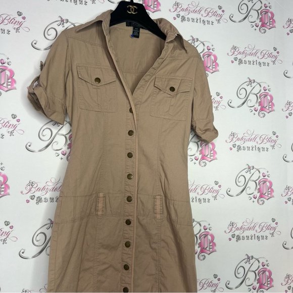 Seduction dress cargo style belt buckle loops snap closure buttons tan military - Picture 2 of 5